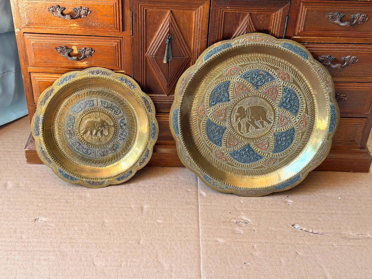 Vintage Indian Brass Elephant Wall Plate Set 2 Pc Chased Tray 8" & 6"