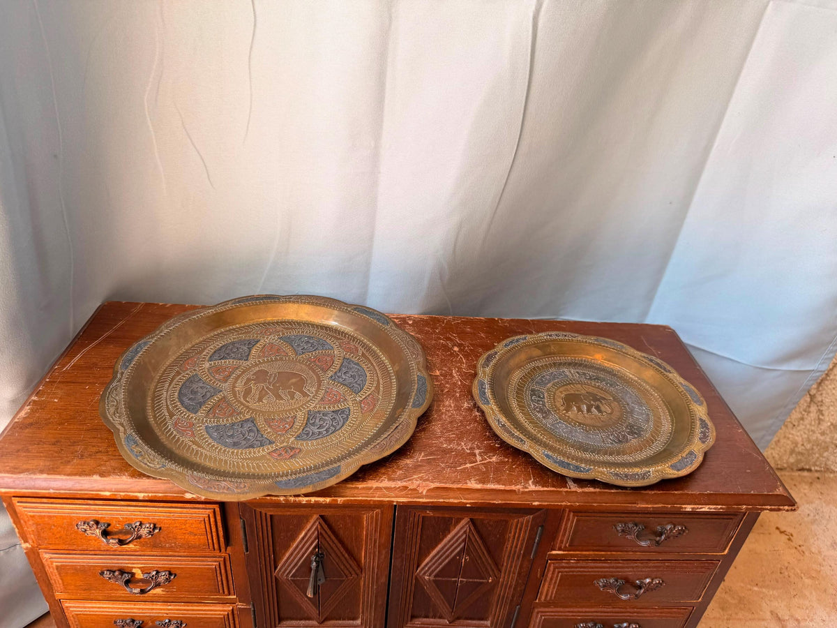 Vintage Indian Brass Elephant Wall Plate Set 2 Pc Chased Tray 8" & 6"