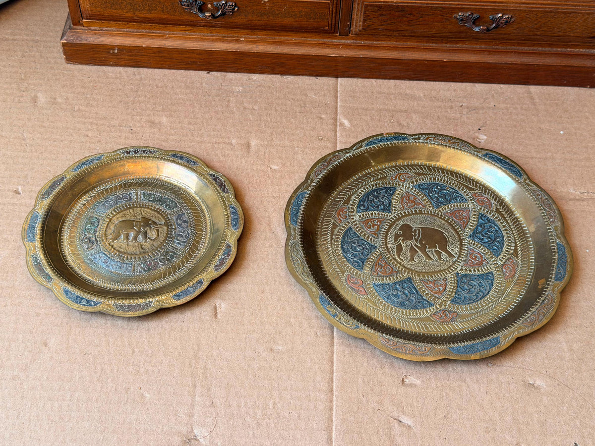 Vintage Indian Brass Elephant Wall Plate Set 2 Pc Chased Tray 8" & 6"