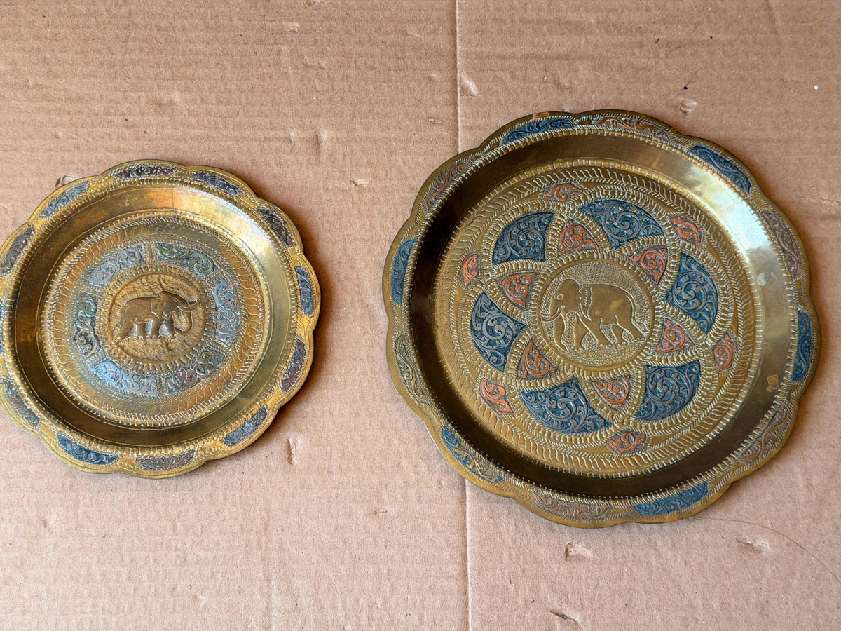 Vintage Indian Brass Elephant Wall Plate Set 2 Pc Chased Tray 8" & 6"