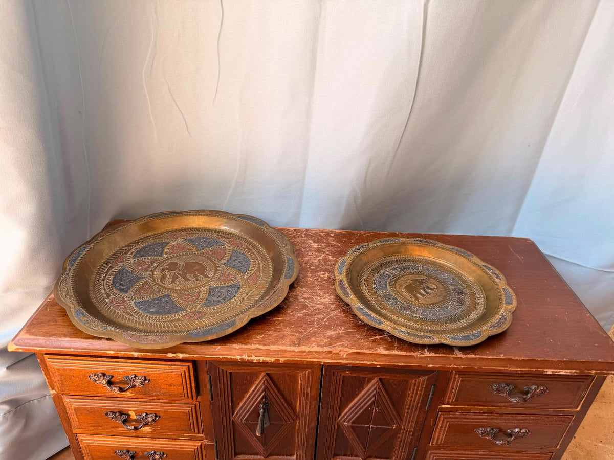 Vintage Indian Brass Elephant Wall Plate Set 2 Pc Chased Tray 8" & 6"