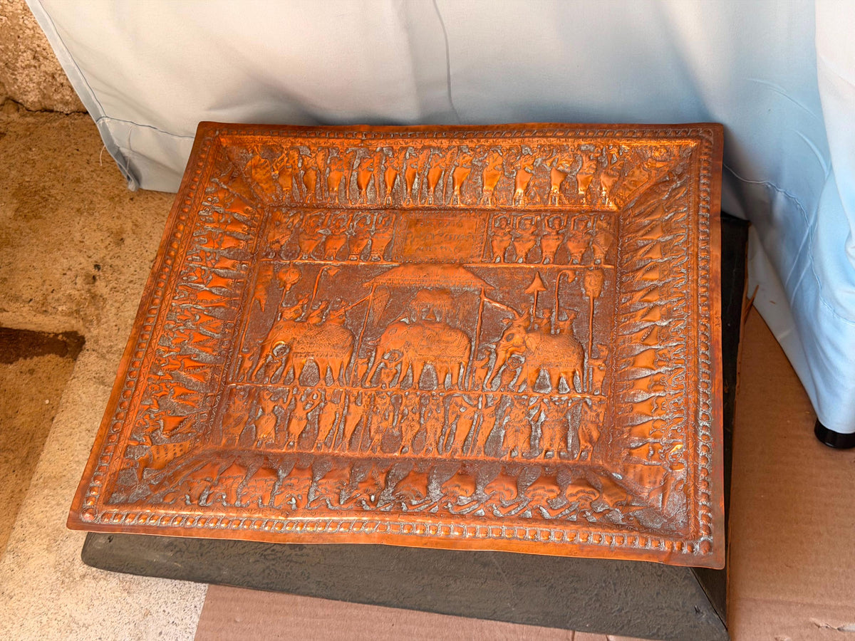 Vintage South Asian Copper Wall Plaque 14x12" Elephant Procession Relief