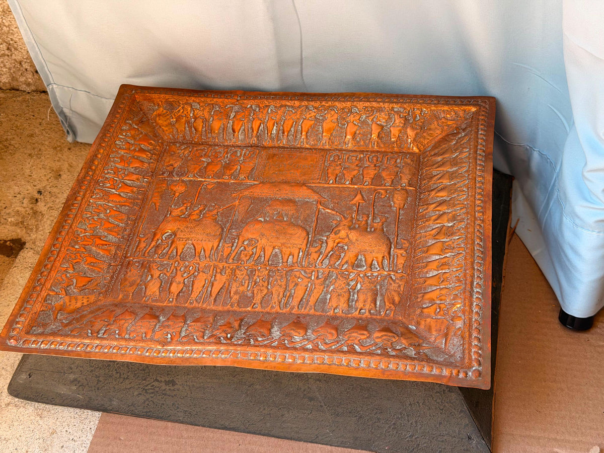 Vintage South Asian Copper Wall Plaque 14x12" Elephant Procession Relief