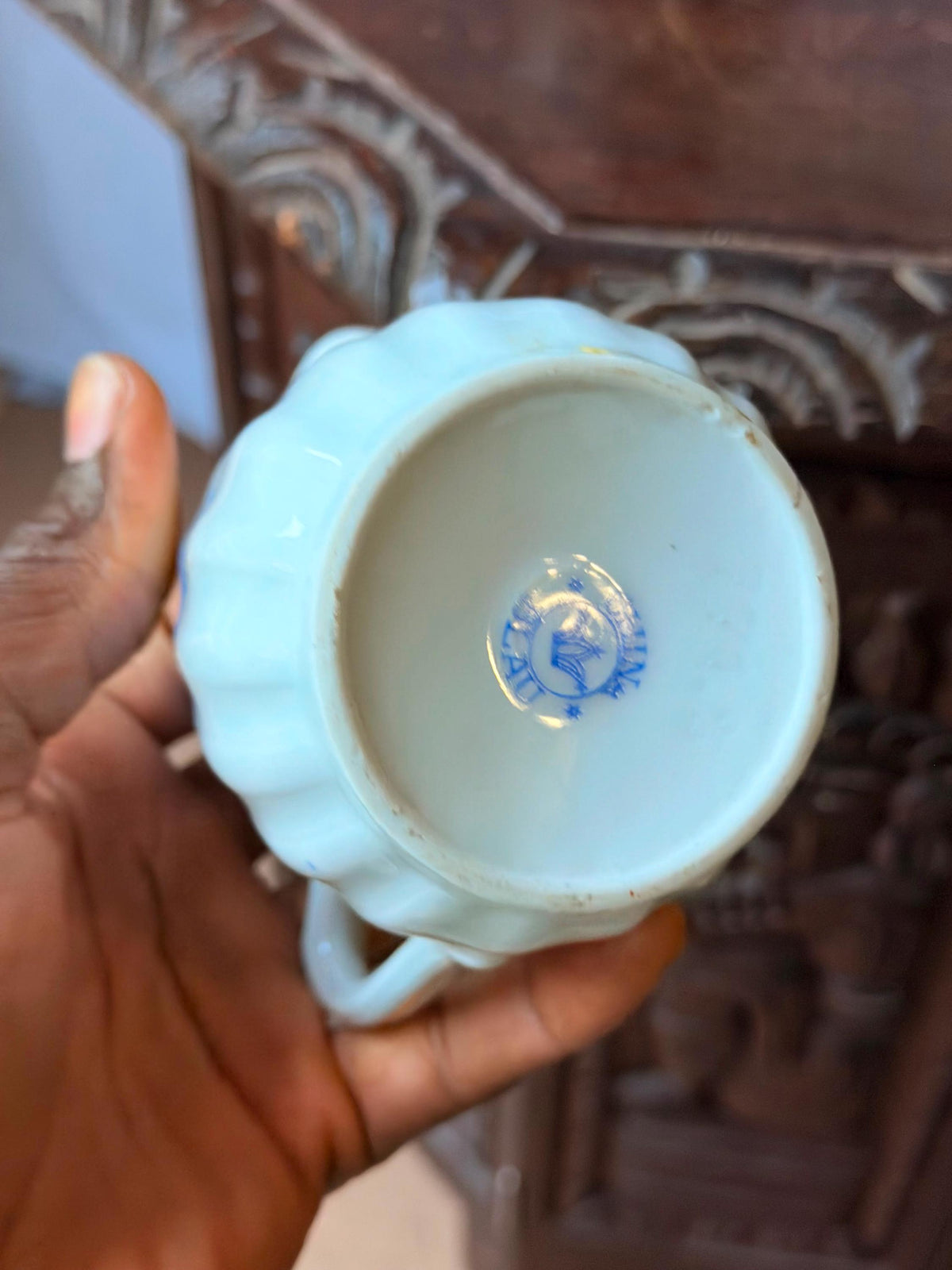 Vintage Blue Ceramic Pitcher Set Salt Glaze Stoneware Porcelain 4.5"