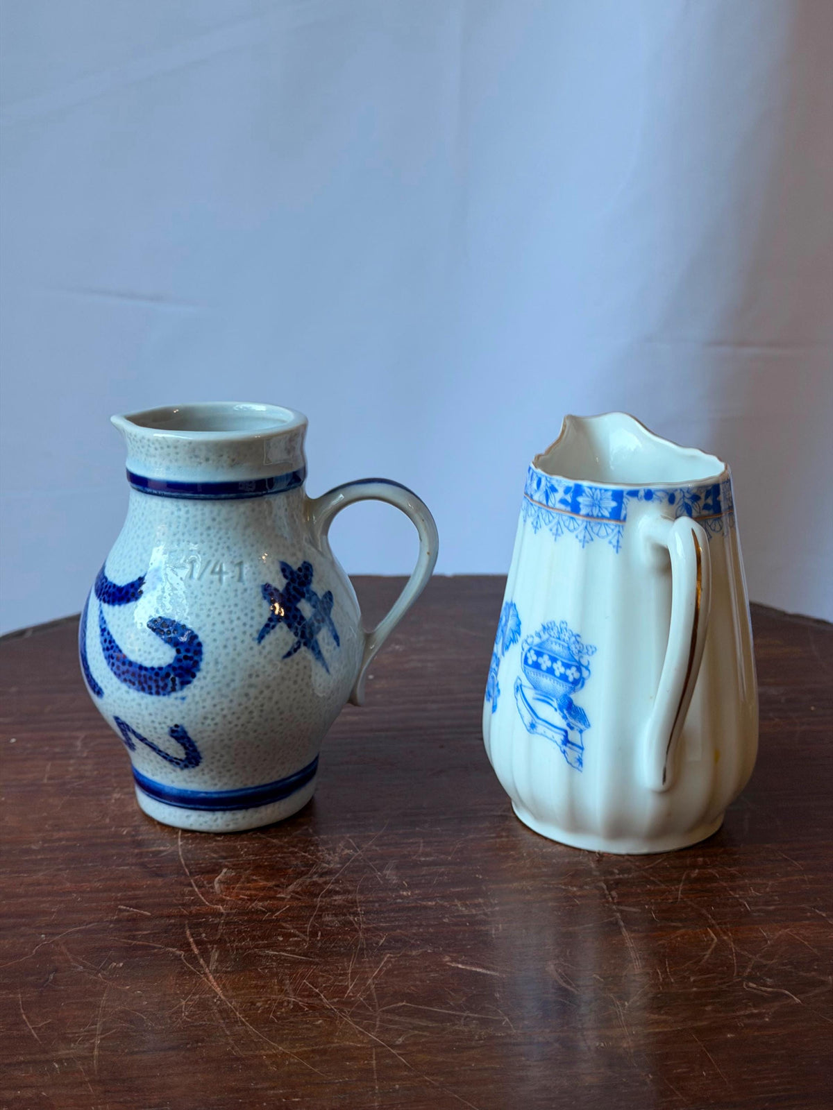 Vintage Blue Ceramic Pitcher Set Salt Glaze Stoneware Porcelain 4.5"