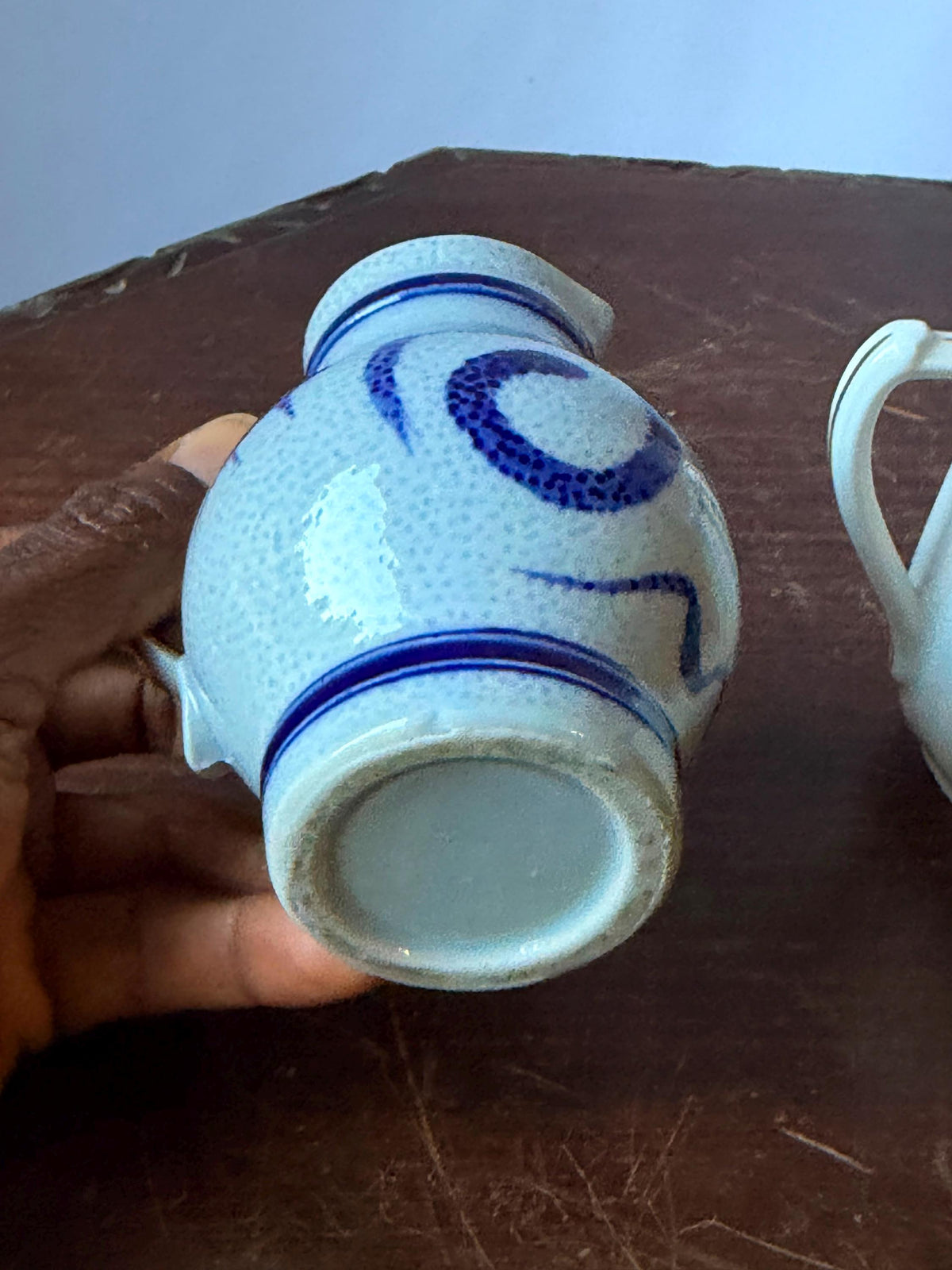 Vintage Blue Ceramic Pitcher Set Salt Glaze Stoneware Porcelain 4.5"