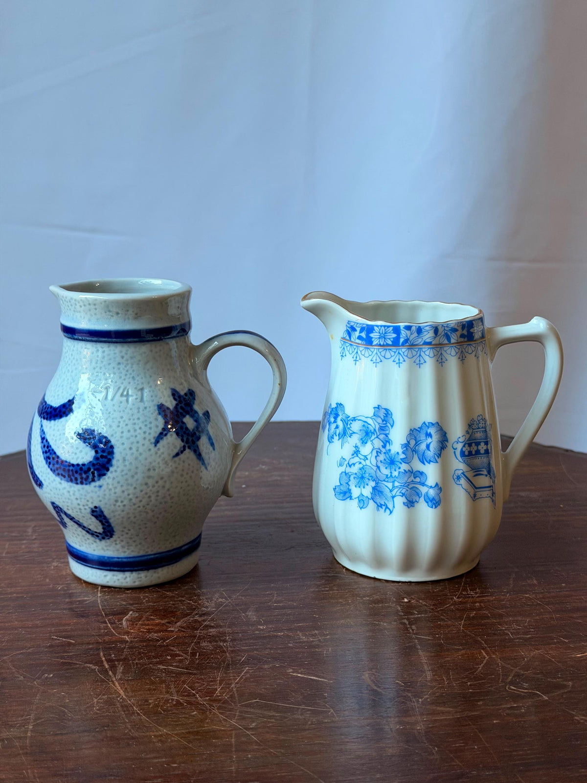 Vintage Blue Ceramic Pitcher Set Salt Glaze Stoneware Porcelain 4.5"