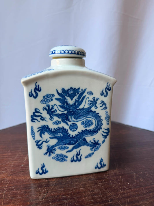Vintage Blue White Porcelain Tea Caddy Imperial Dragon Jar 6.5"