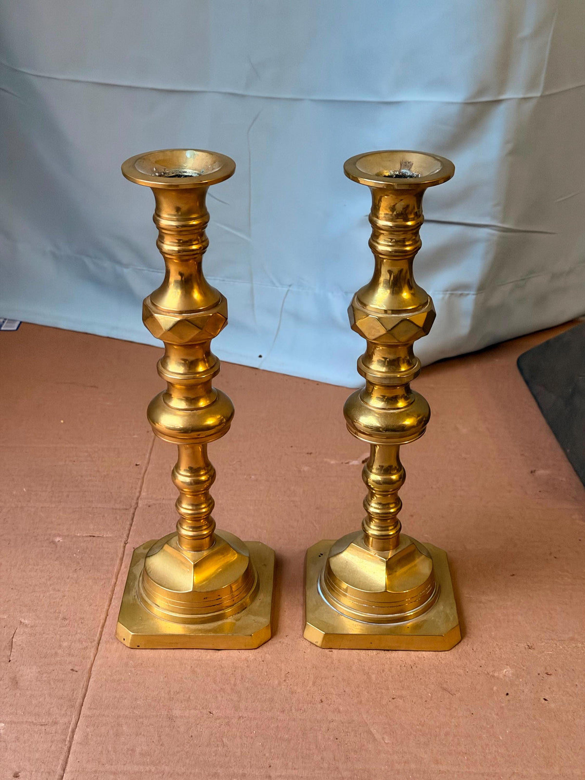 Vintage Middle Eastern Brass Candlestick Pair Faceted Knop 11" (61 characters)