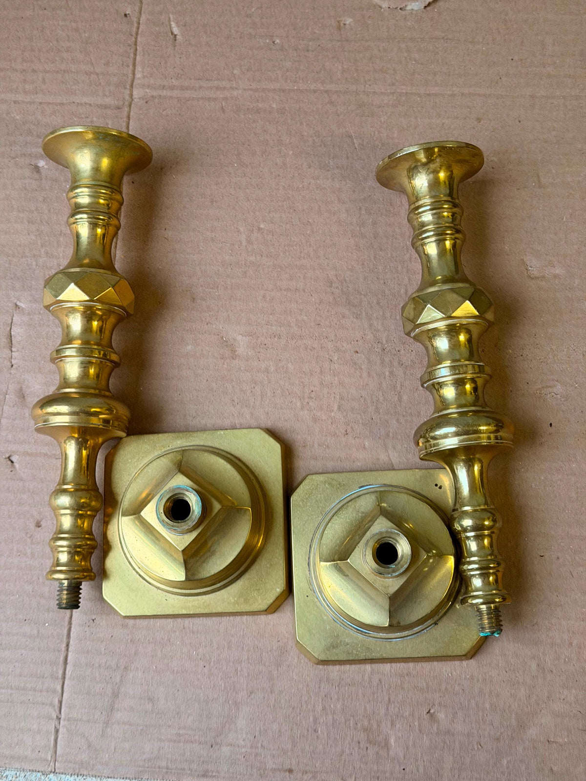 Vintage Middle Eastern Brass Candlestick Pair Faceted Knop 11" (61 characters)