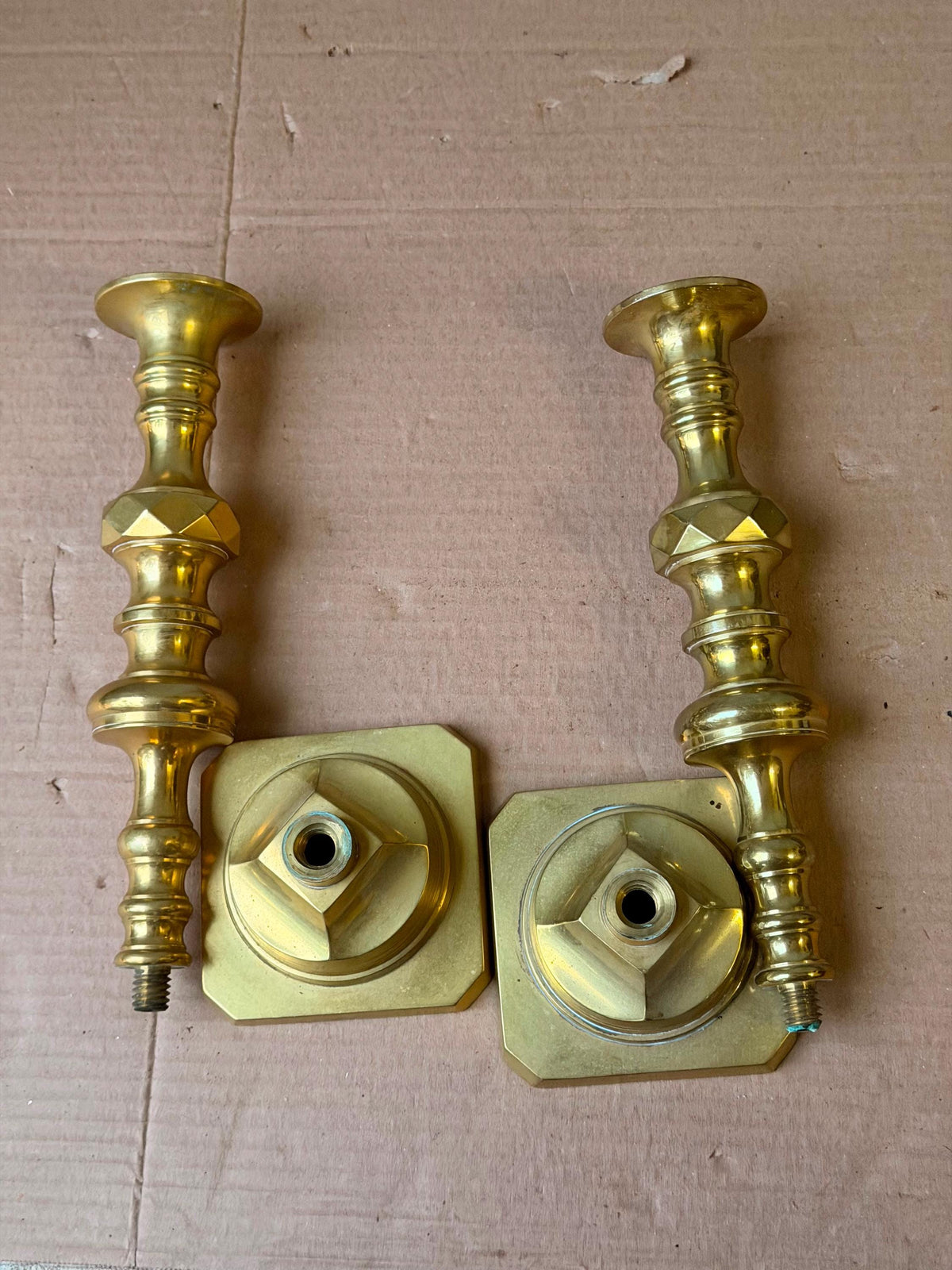 Vintage Middle Eastern Brass Candlestick Pair Faceted Knop 11" (61 characters)