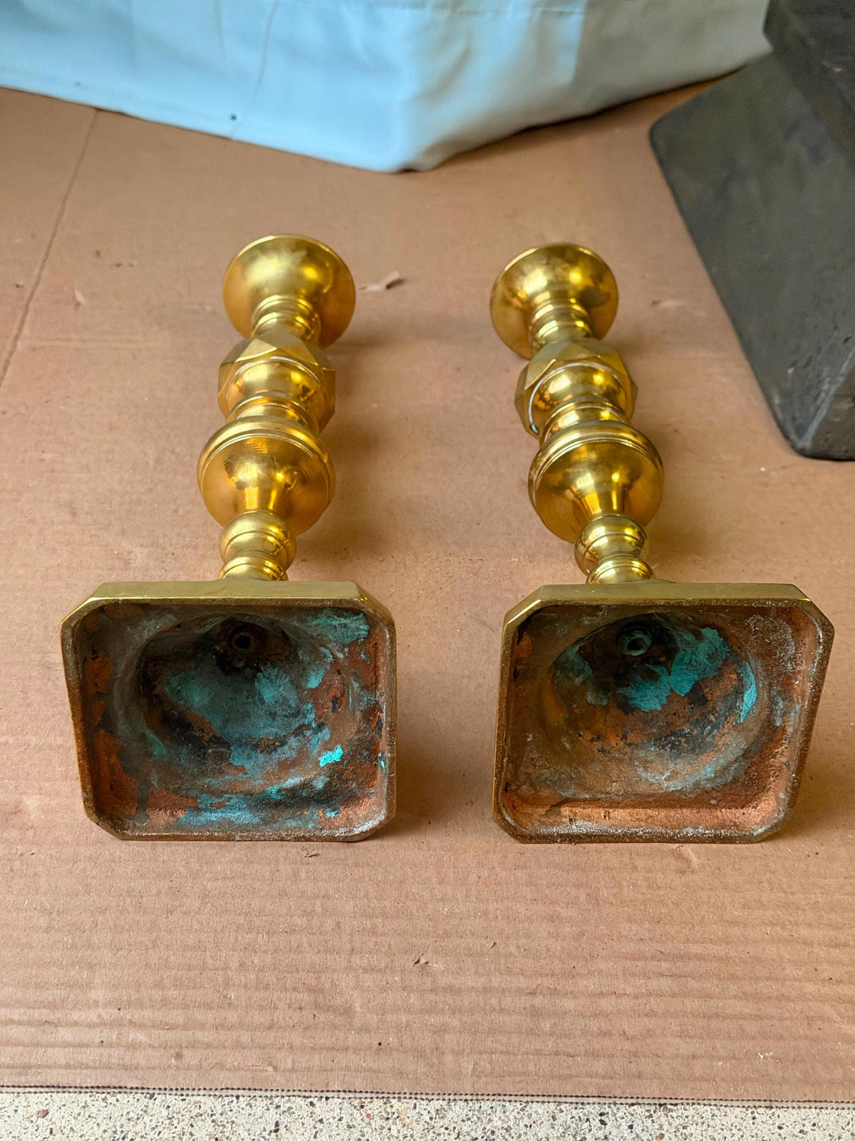 Vintage Middle Eastern Brass Candlestick Pair Faceted Knop 11" (61 characters)