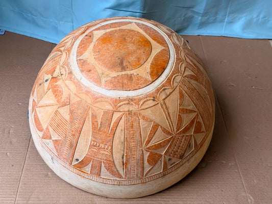 Vintage Large African Hand Carved Calabash Gourd Bowl Decorated 16"