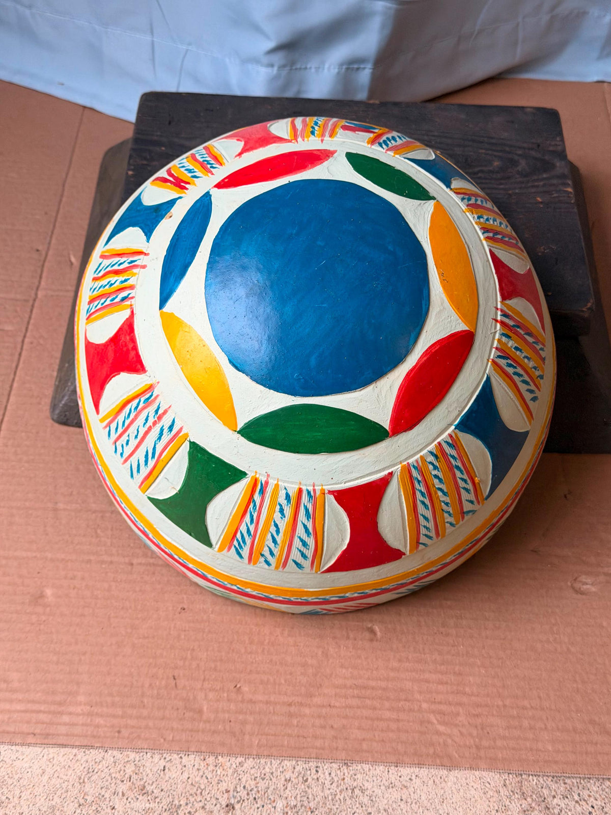 Vintage Hand Painted African Calabash Gourd Bowl Carved Folk Art 13"
