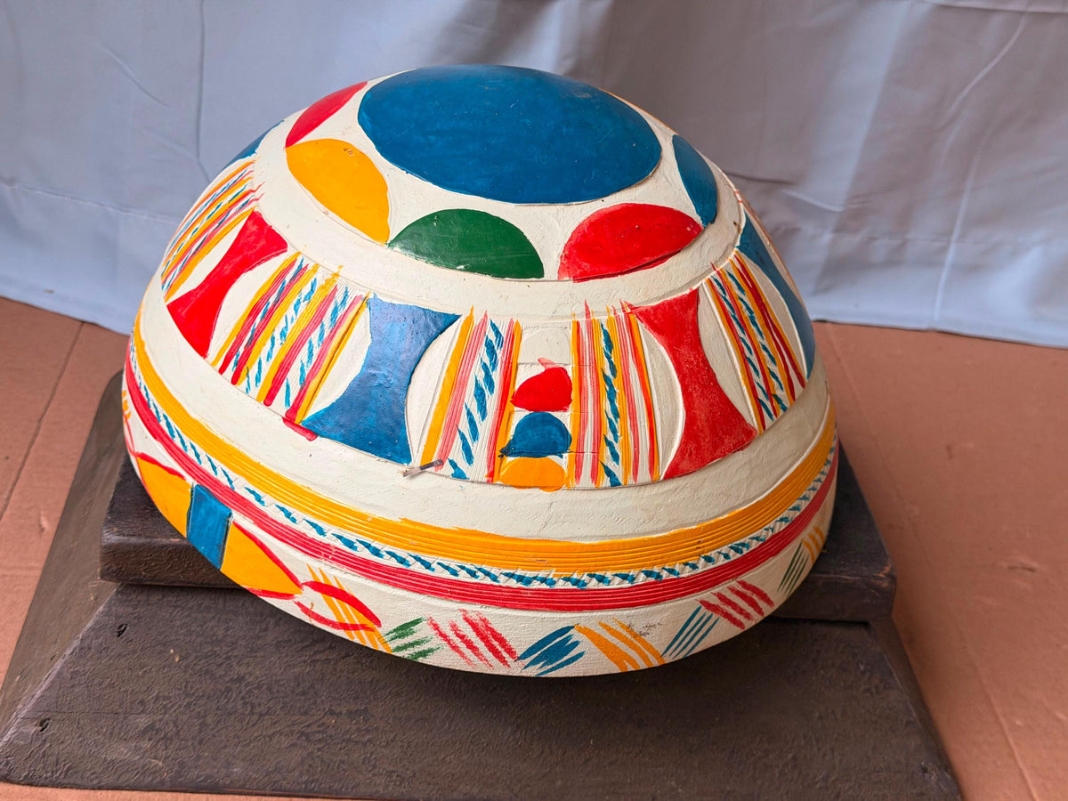 Vintage Hand Painted African Calabash Gourd Bowl Carved Folk Art 13"
