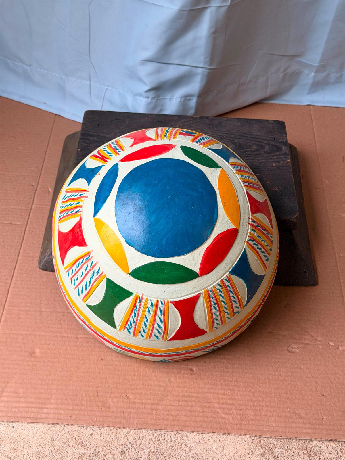 Vintage Hand Painted African Calabash Gourd Bowl Carved Folk Art 13"