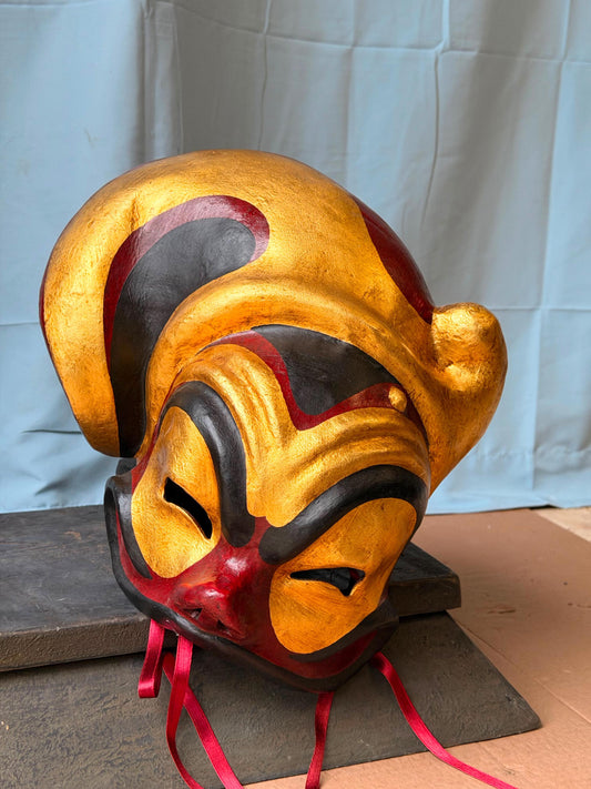 Vintage Handcrafted Papier Mache Theatrical Mask Gold Red 14"