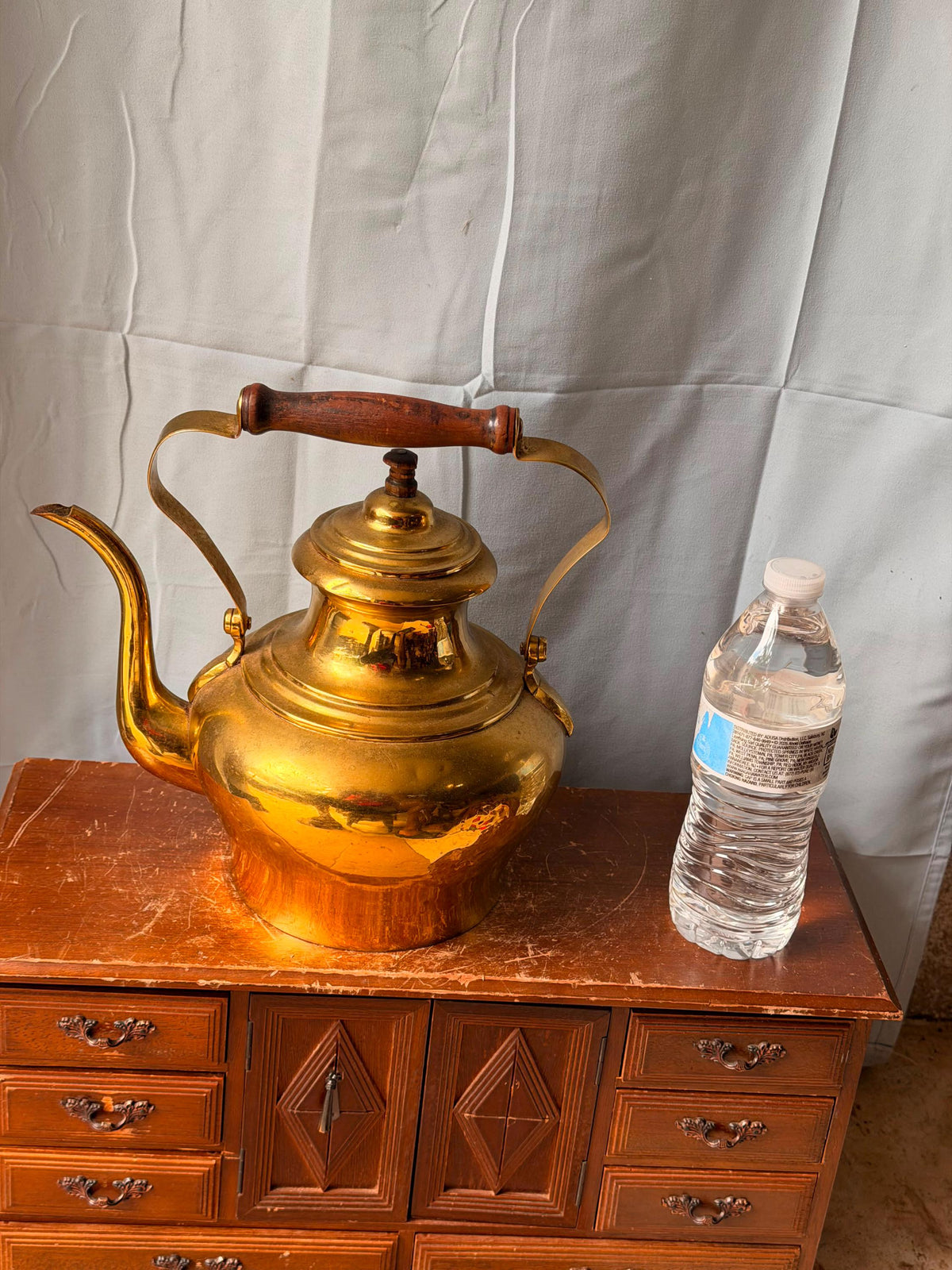 Vintage Polished Brass Tea Kettle Gooseneck Spout Wood Handle 9.5"