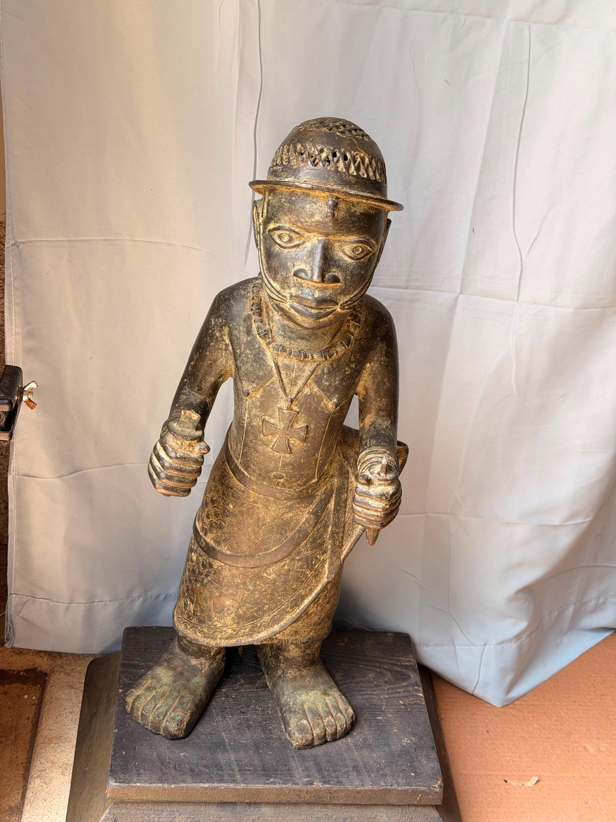 Vintage Large African Cast Bronze Figure Benin Court Warrior Statue 24"