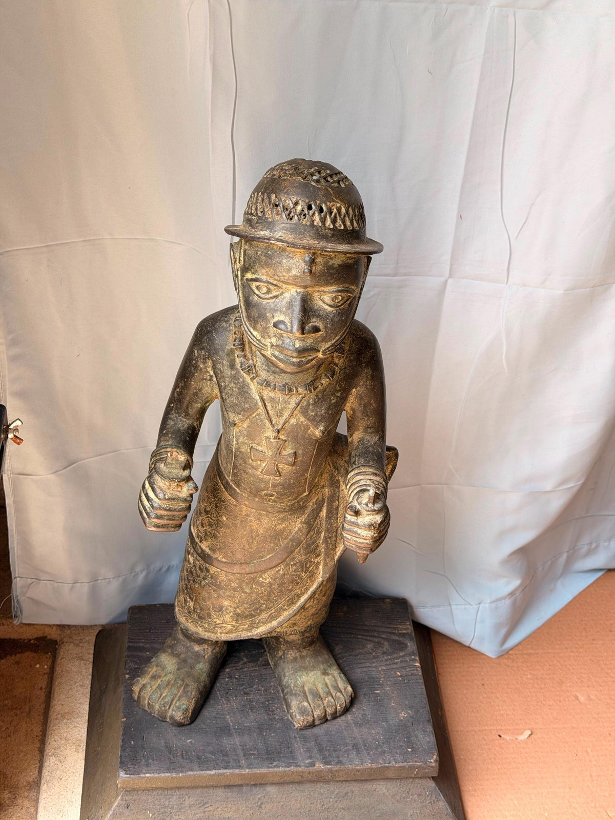 Vintage Large African Cast Bronze Figure Benin Court Warrior Statue 24"