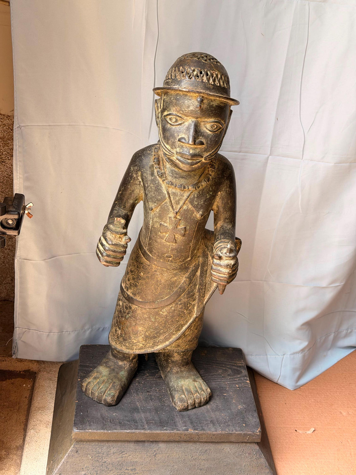 Vintage Large African Cast Bronze Figure Benin Court Warrior Statue 24"
