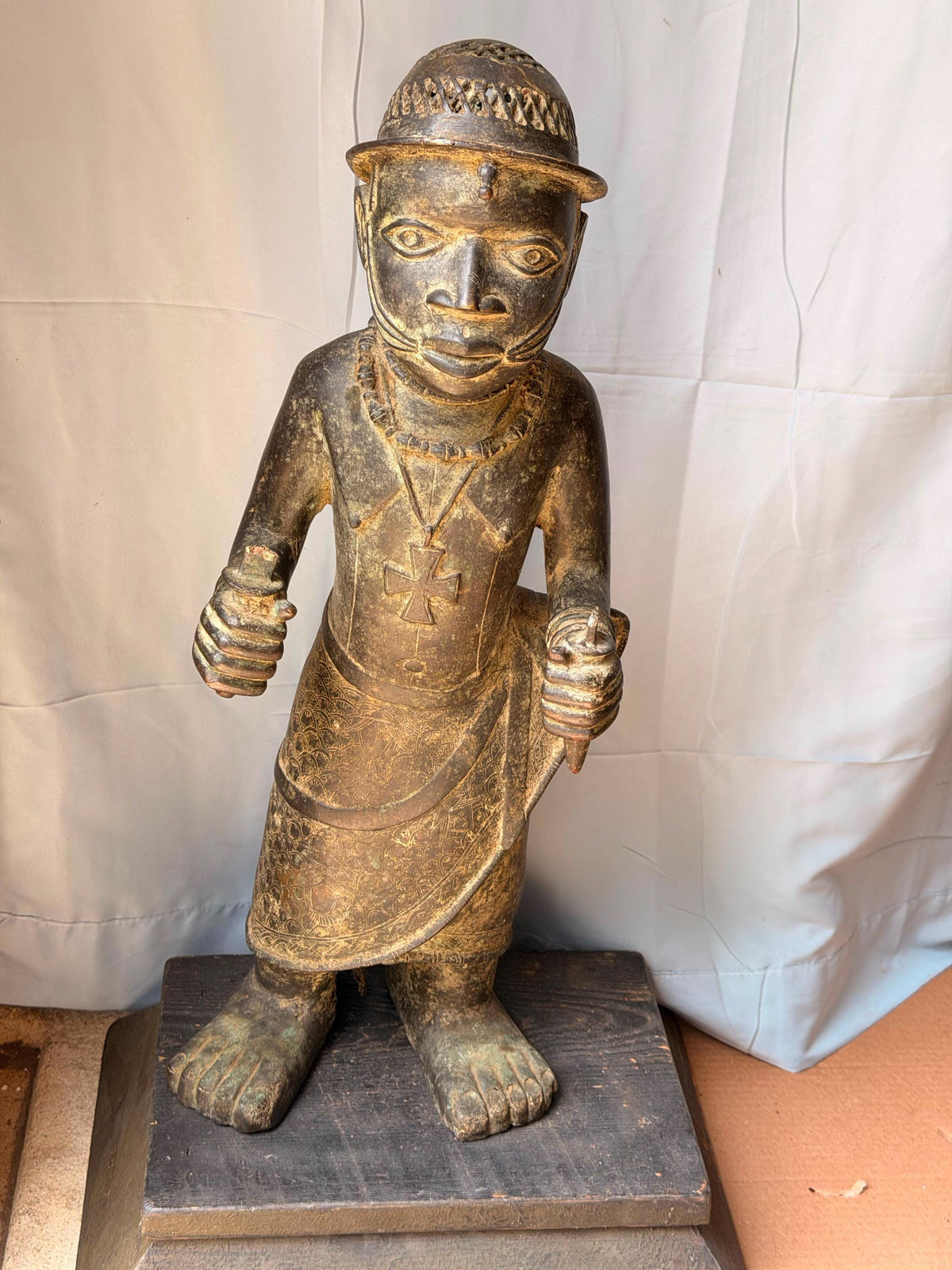 Vintage Large African Cast Bronze Figure Benin Court Warrior Statue 24"