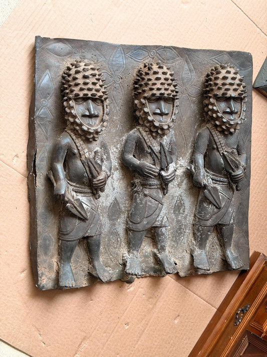 Vintage African Cast Bronze Relief Plaque Benin Court Warriors 16"