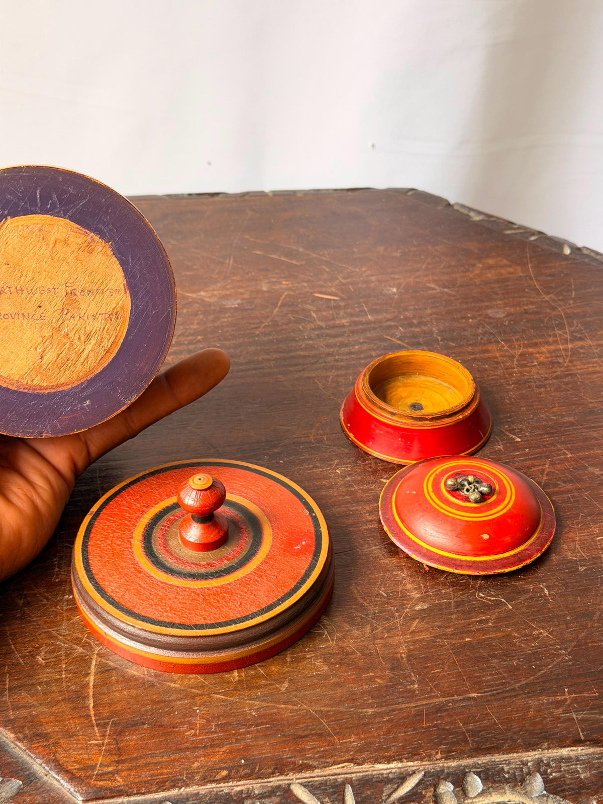 Vintage Lacquered Wood Trinket Box Set South Asian Folk Art 4"