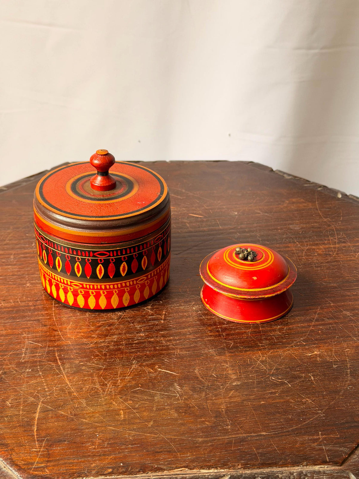 Vintage Lacquered Wood Trinket Box Set South Asian Folk Art 4"