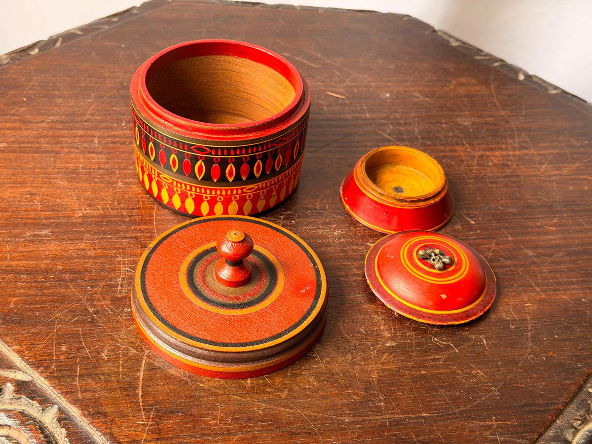 Vintage Lacquered Wood Trinket Box Set South Asian Folk Art 4"