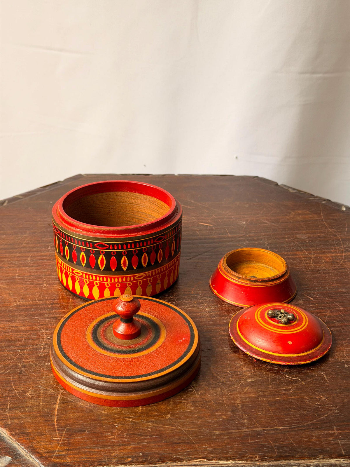 Vintage Lacquered Wood Trinket Box Set South Asian Folk Art 4"