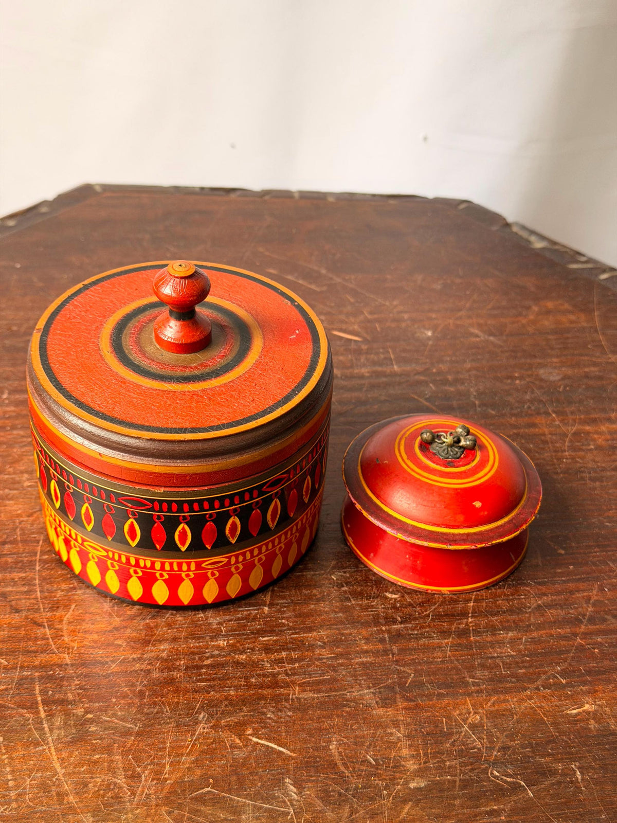Vintage Lacquered Wood Trinket Box Set South Asian Folk Art 4"