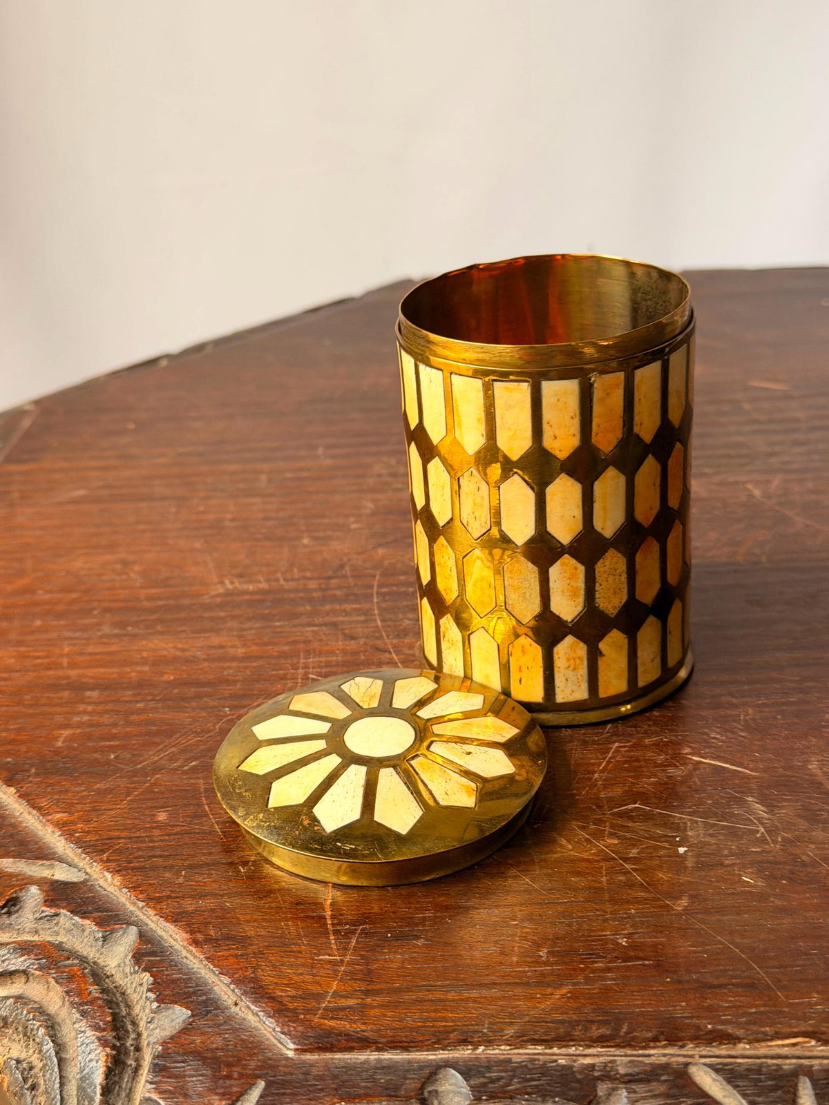 Vintage Brass Mosaic Trinket Box Geometric Inlay Canister Jar 3.8"