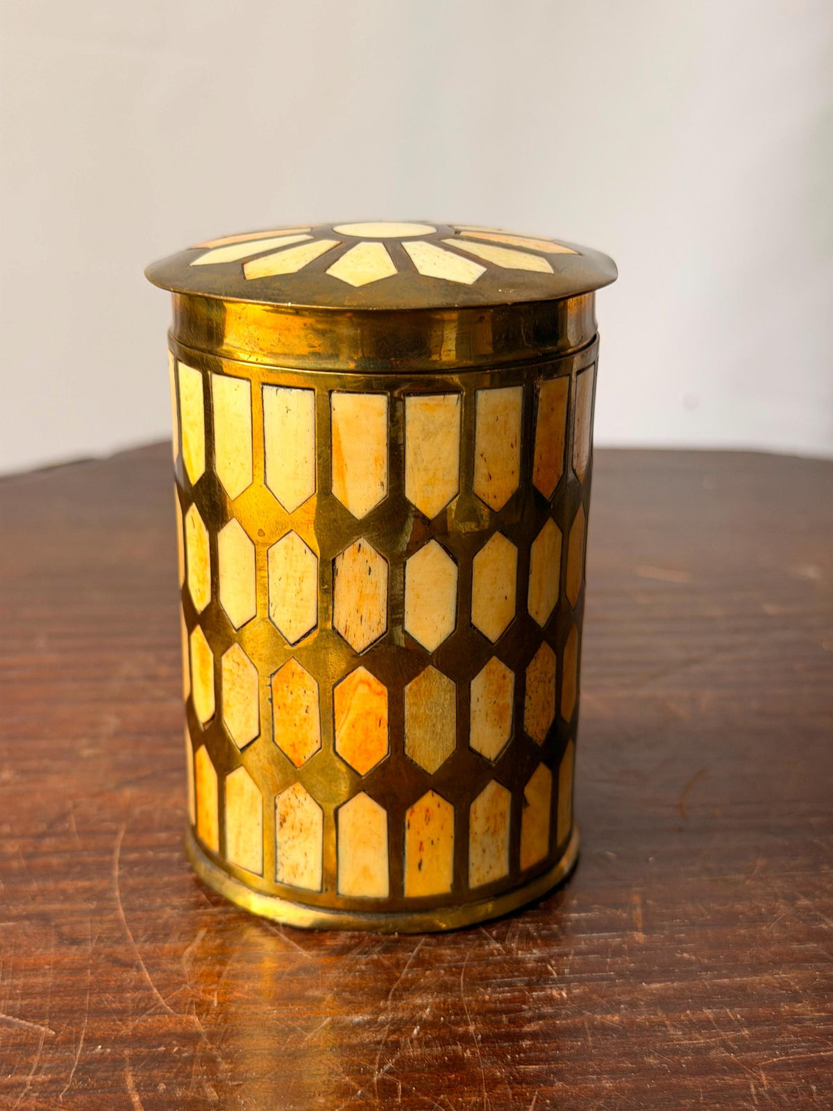 Vintage Brass Mosaic Trinket Box Geometric Inlay Canister Jar 3.8"