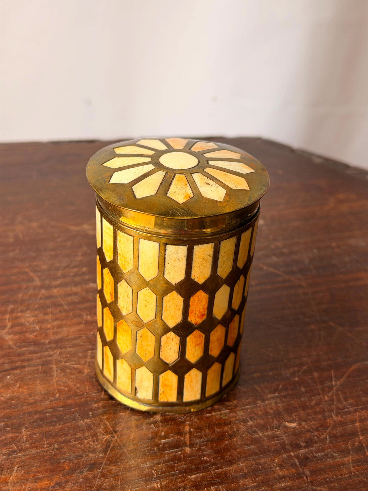 Vintage Brass Mosaic Trinket Box Geometric Inlay Canister Jar 3.8"