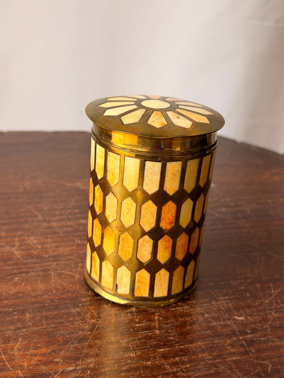 Vintage Brass Mosaic Trinket Box Geometric Inlay Canister Jar 3.8"