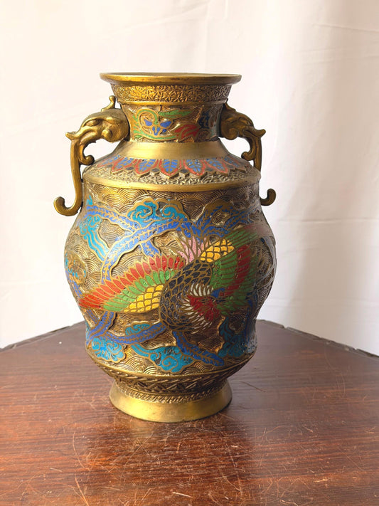 Vintage Japanese Champleve Brass Vase Dragon Phoenix Elephant Handles 10.8"