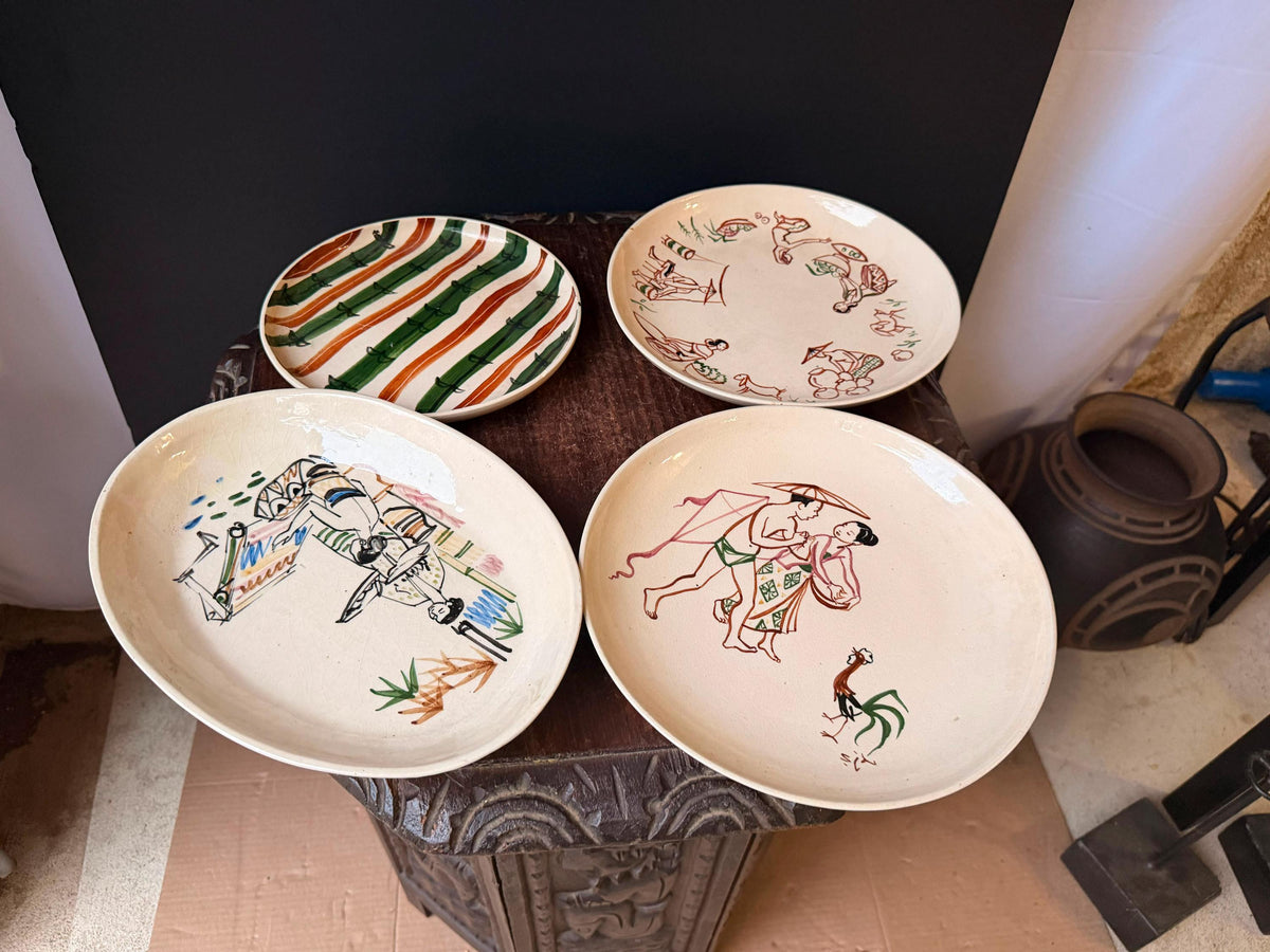 Vintage Indonesian Tjipaganti Bandung Pottery Dish Set Javanese Folk Art