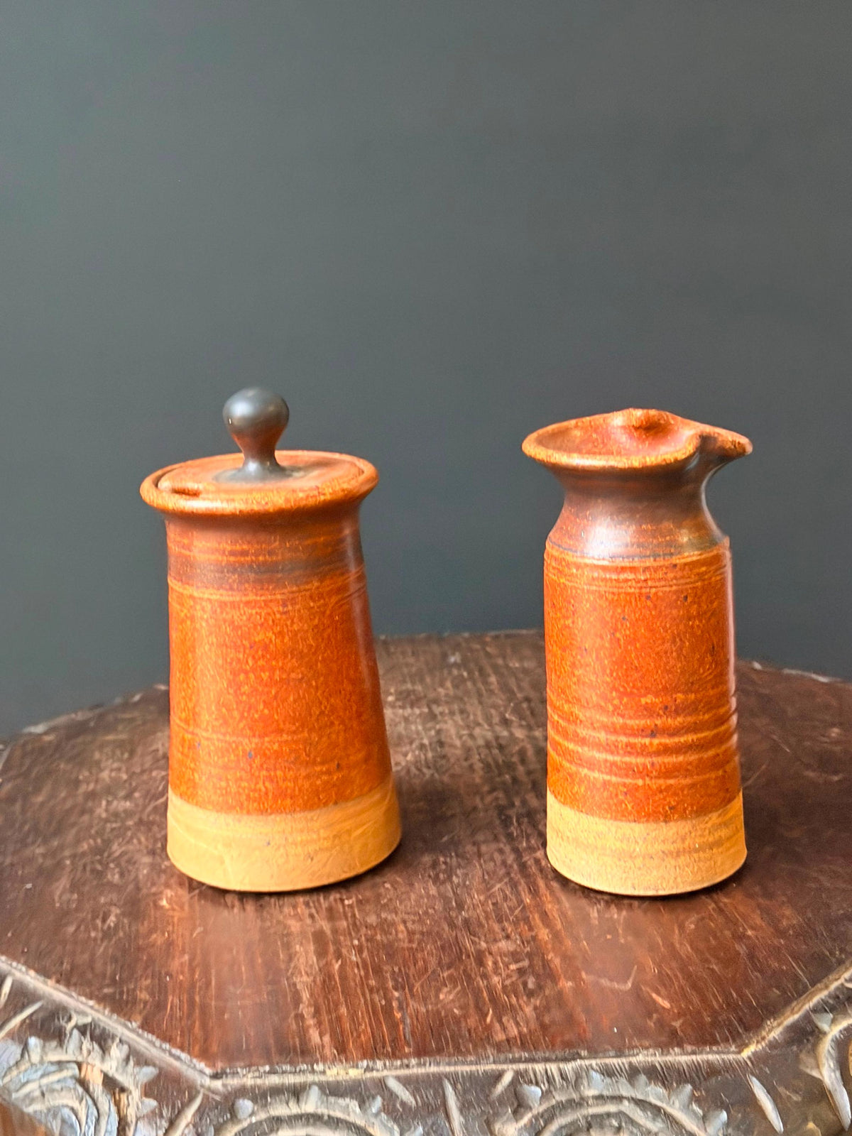 Vintage Studio Art Pottery Creamer Sugar Set Rust Glaze Signed EM MCM