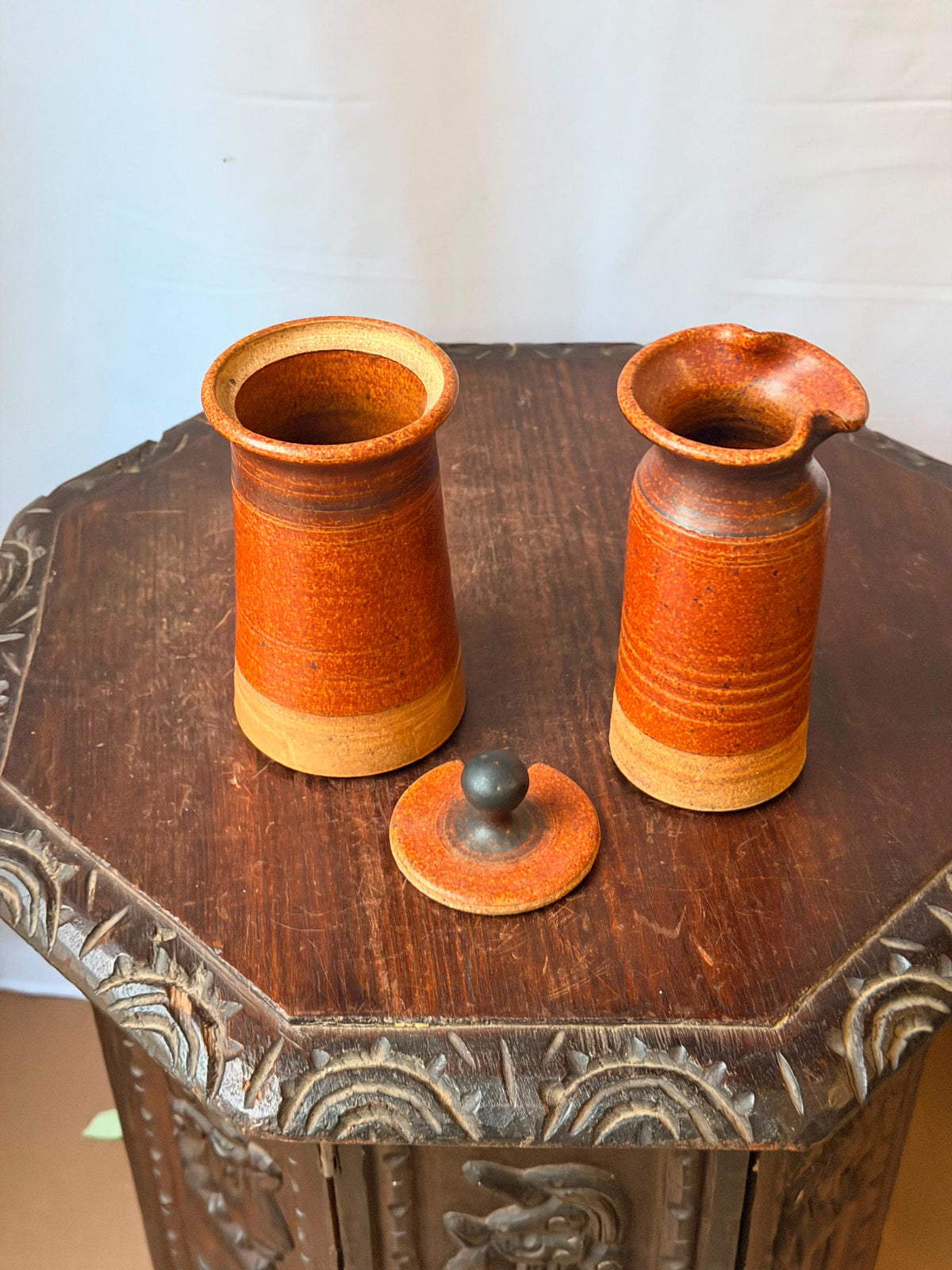 Vintage Studio Art Pottery Creamer Sugar Set Rust Glaze Signed EM MCM