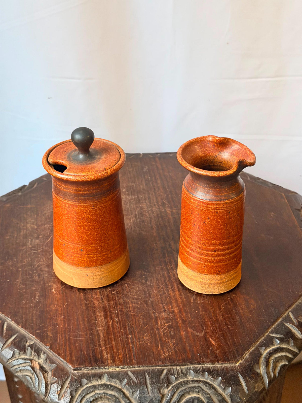Vintage Studio Art Pottery Creamer Sugar Set Rust Glaze Signed EM MCM