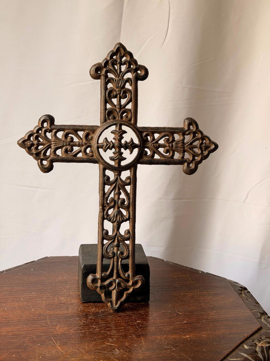 Vintage Cast Iron Wall Cross Decorative Gothic Filigree Fleur De Lis Metal Art