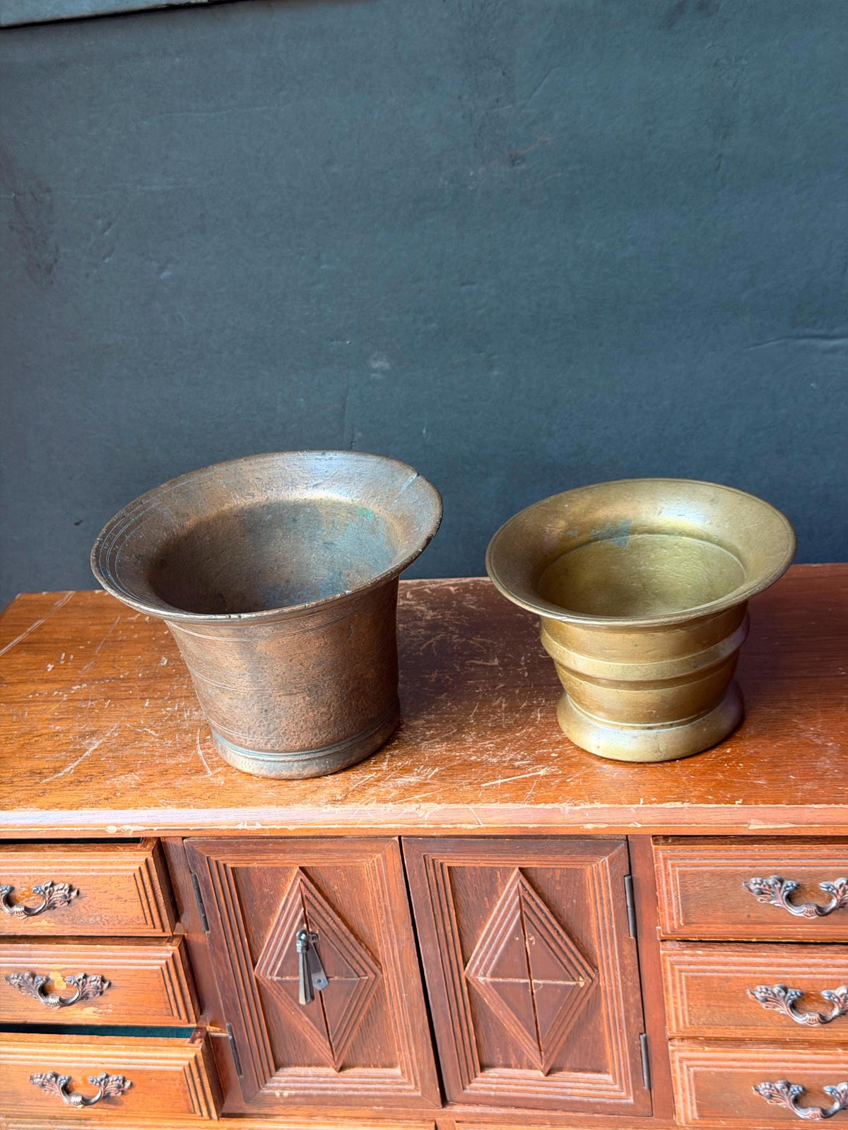 Vintage Cast Bronze Brass Mortar Pair Apothecary Bowls Vessel Set