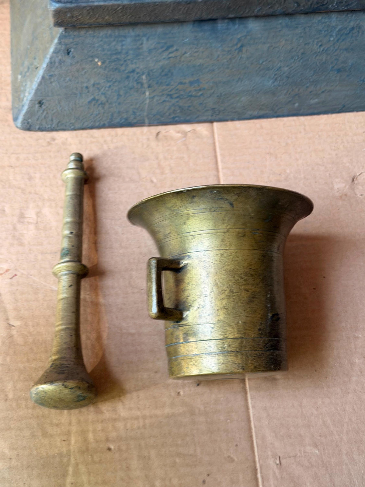 Vintage Heavy Cast Brass Mortar Pestle Set Handled Apothecary Vessel