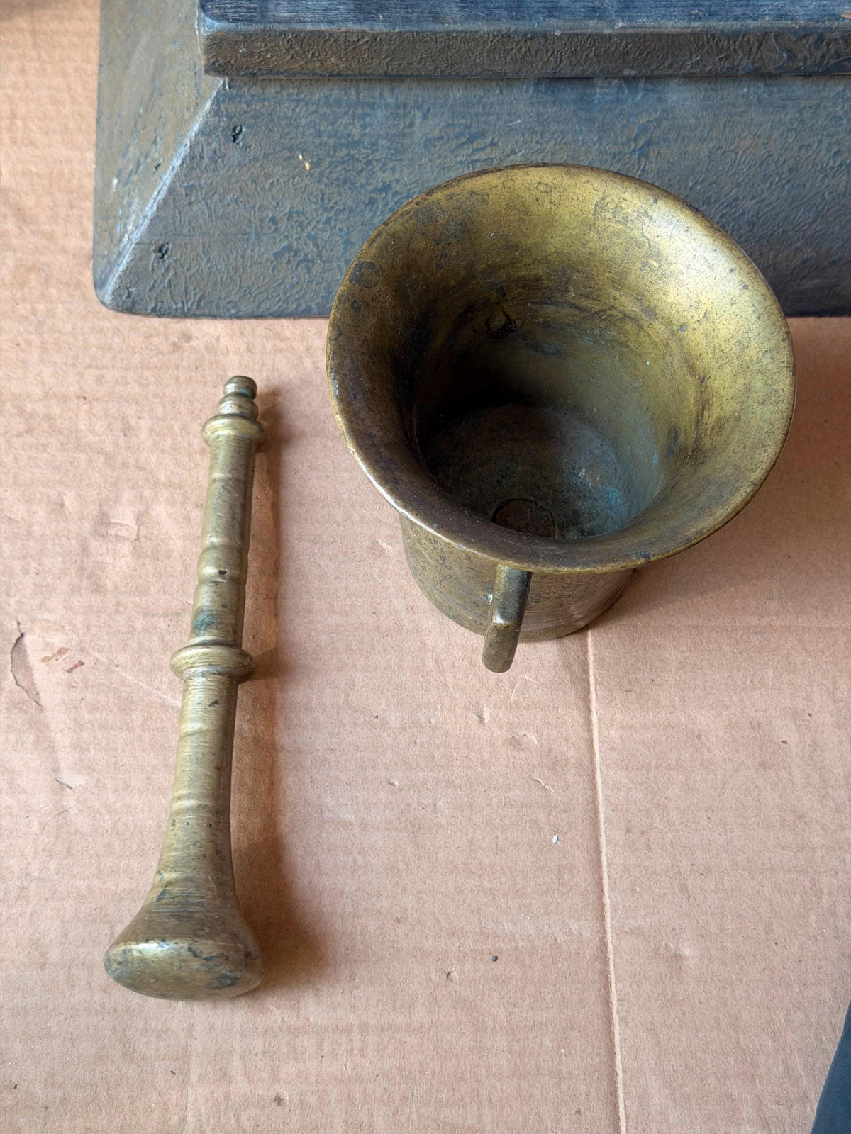 Vintage Heavy Cast Brass Mortar Pestle Set Handled Apothecary Vessel