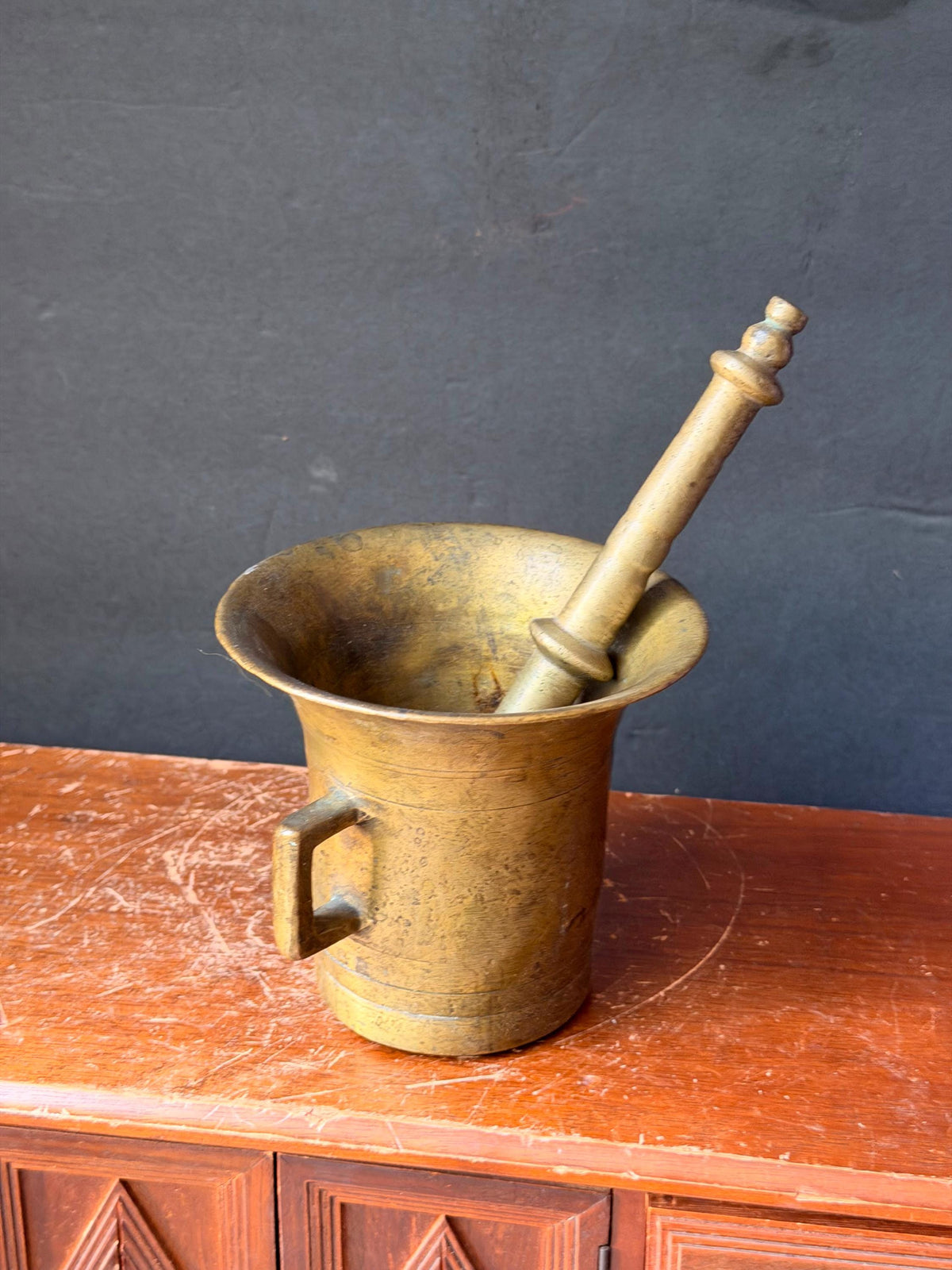 Vintage Heavy Cast Brass Mortar Pestle Set Handled Apothecary Vessel