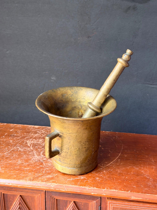 Vintage Heavy Cast Brass Mortar Pestle Set Handled Apothecary Vessel