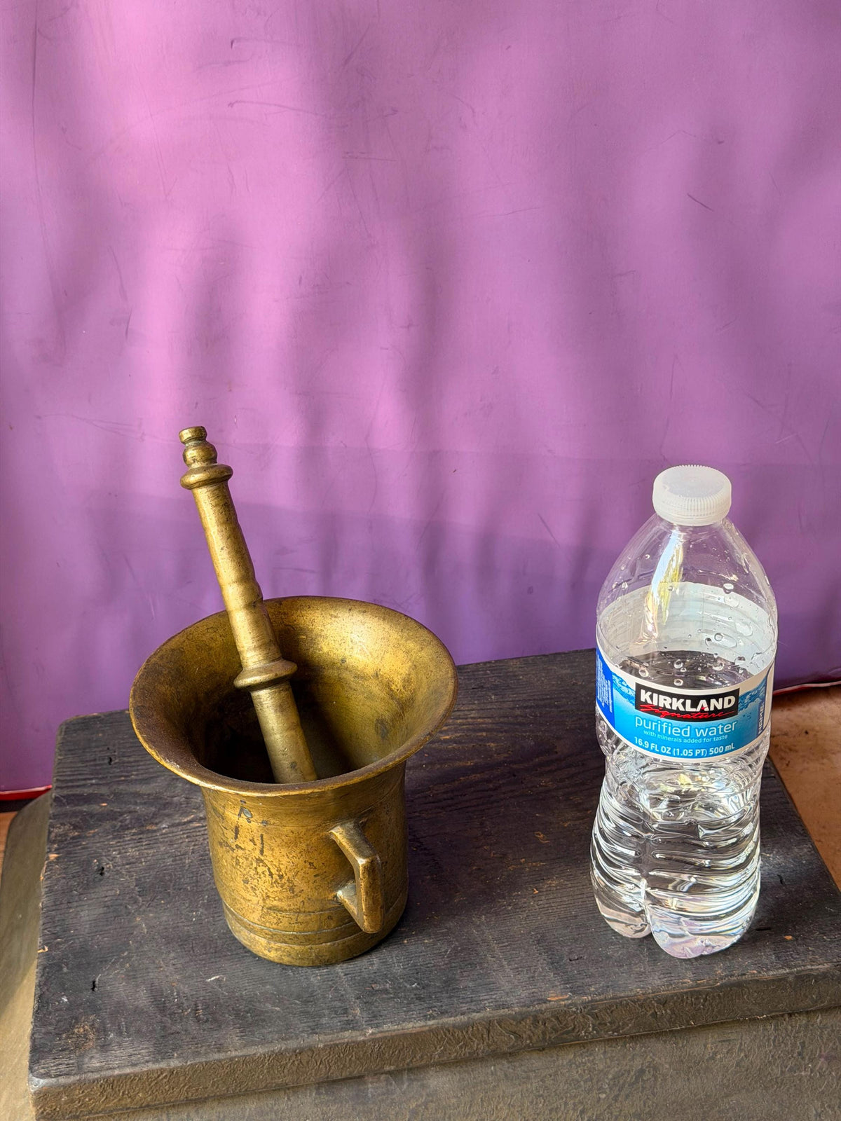 Vintage Heavy Cast Brass Mortar Pestle Set Handled Apothecary Vessel
