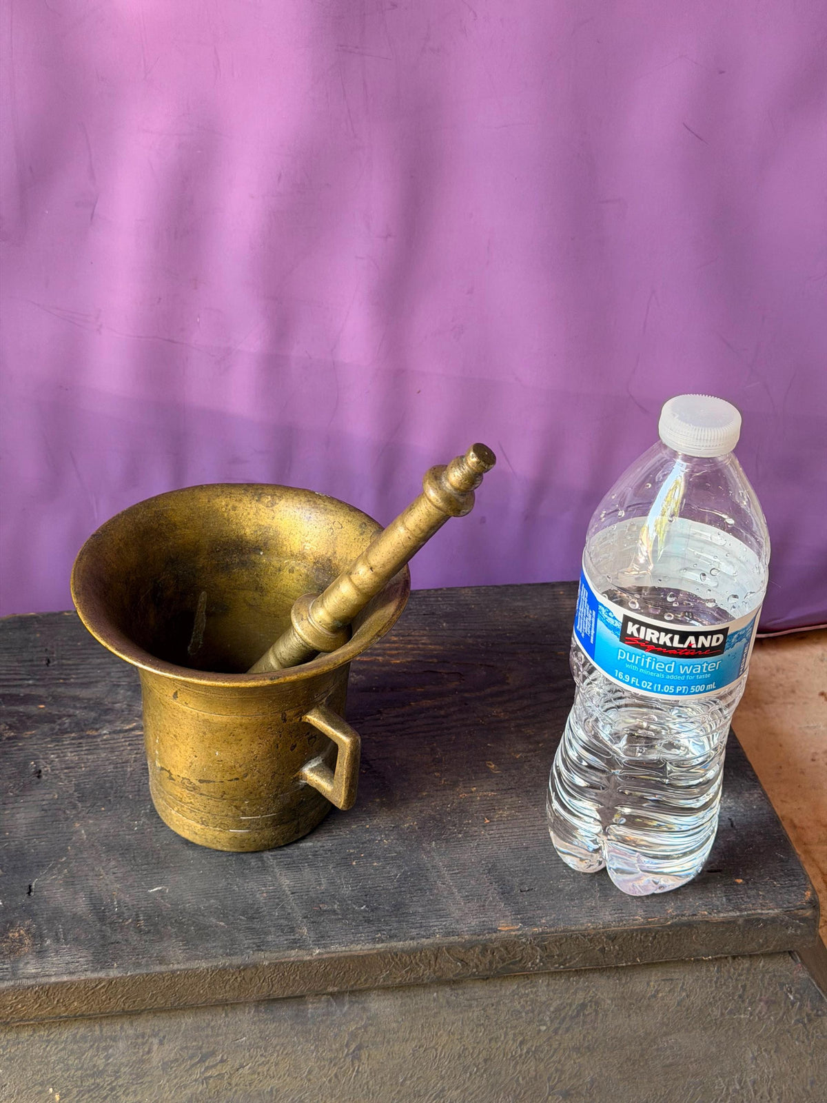 Vintage Heavy Cast Brass Mortar Pestle Set Handled Apothecary Vessel
