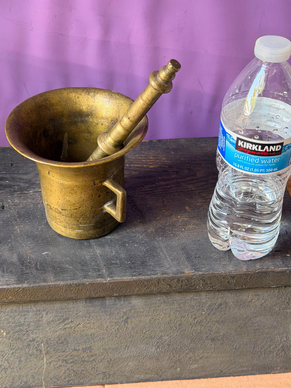 Vintage Heavy Cast Brass Mortar Pestle Set Handled Apothecary Vessel